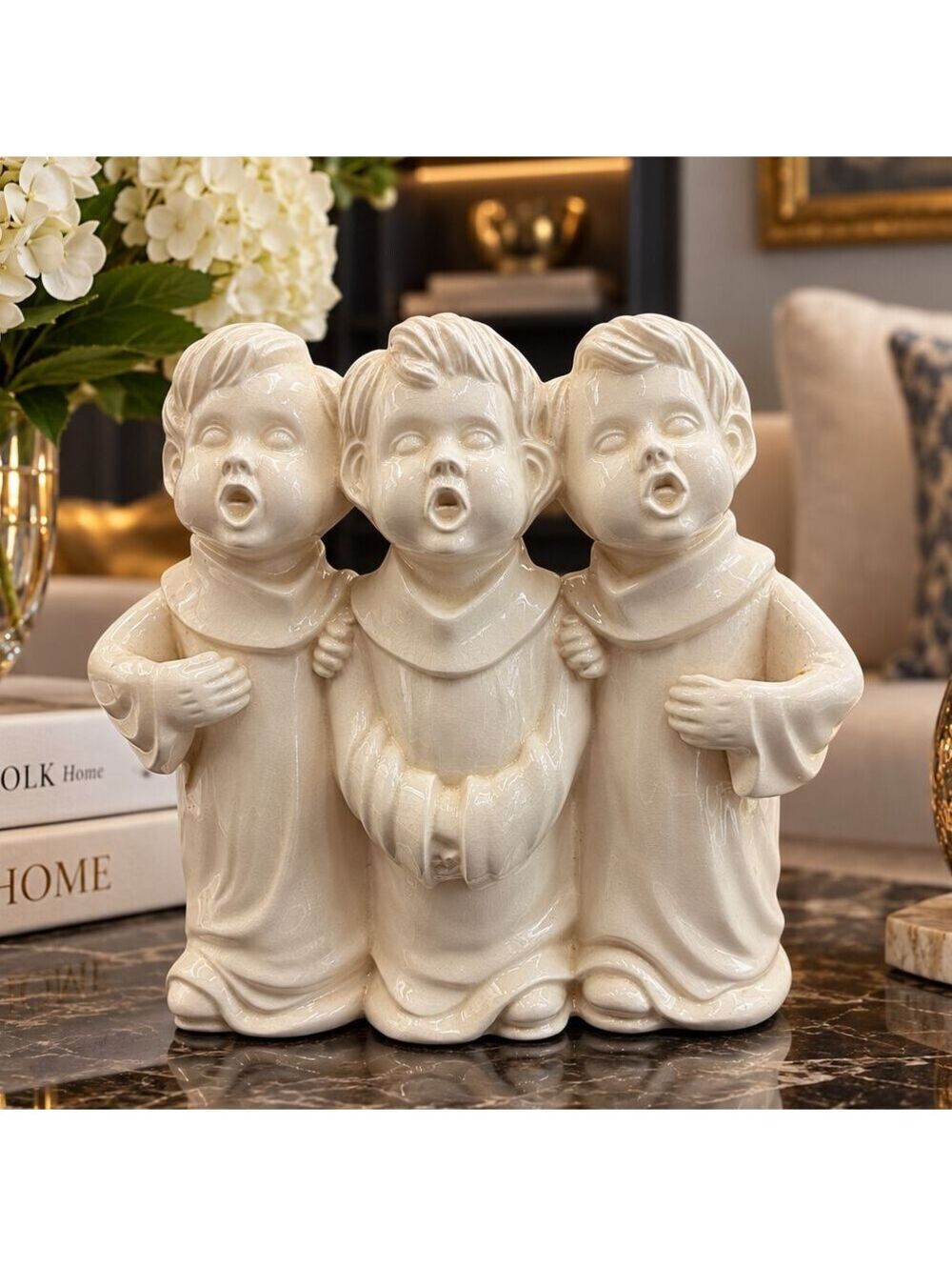 Rare Vintage Three Choir Boys Ceramic Double Candle Holder Cream Glaze 9 Inch